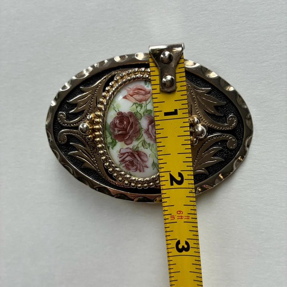 Vintage Silver Western Belt Buckle With Porcelain Floral Center Stone - Picture 5 of 5